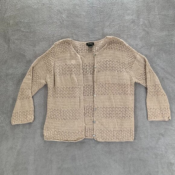 Eddie Bauer Cardigan Women's Petite XL Beige Hand Crocheted 3/4 Sleeve - Picture 1 of 12